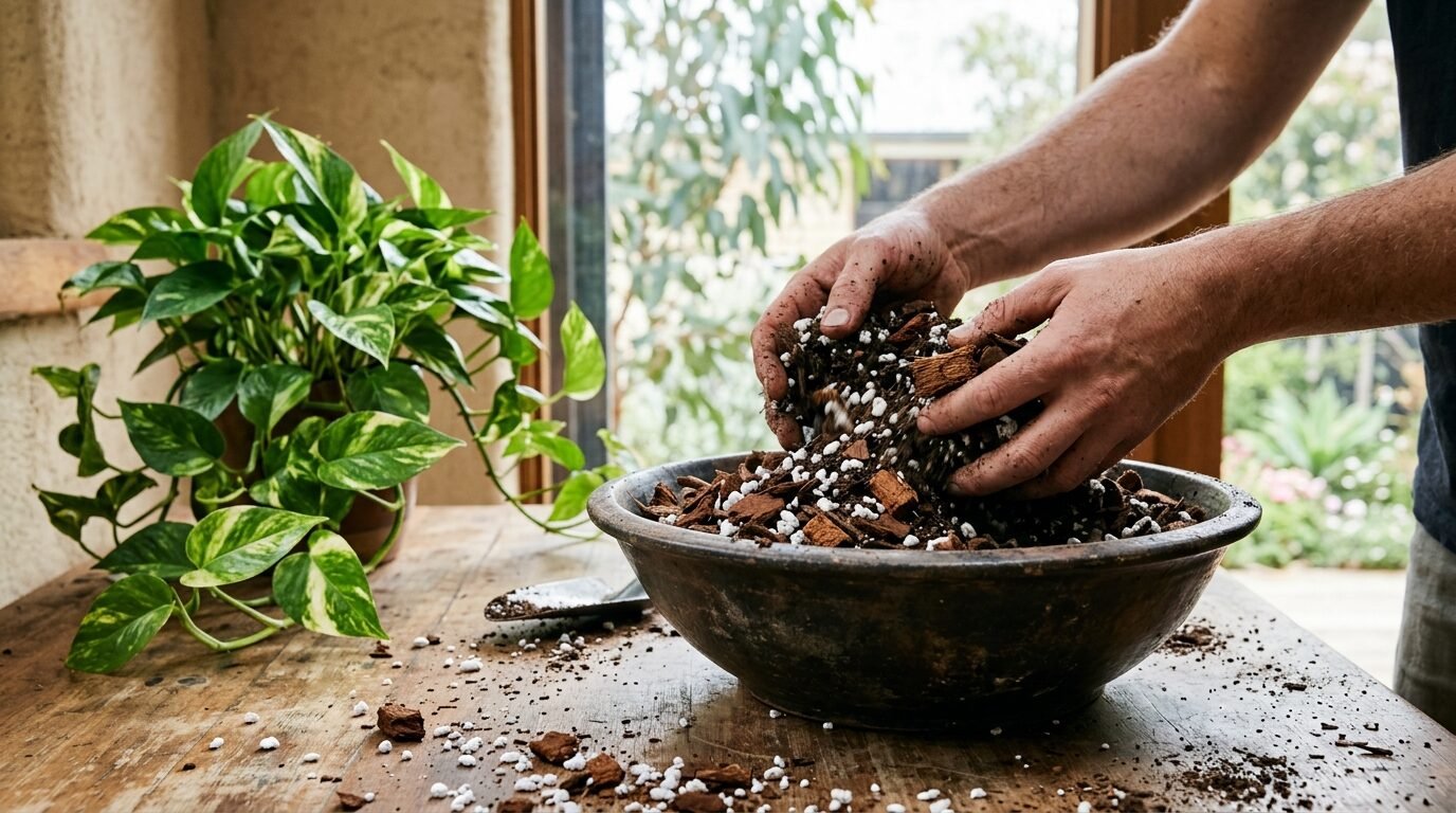 Hands mixing a chunky pothos potting mix with perlite and bark