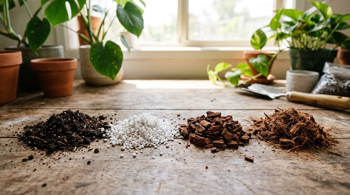 Potting mix, perlite, orchid bark and coco coir laid out for an aroid mix