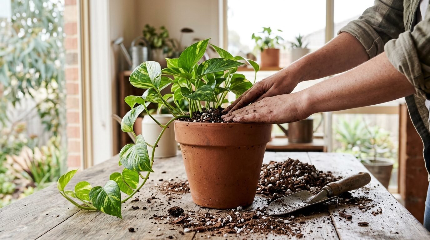Repotting a pothos into fresh free-draining potting mix