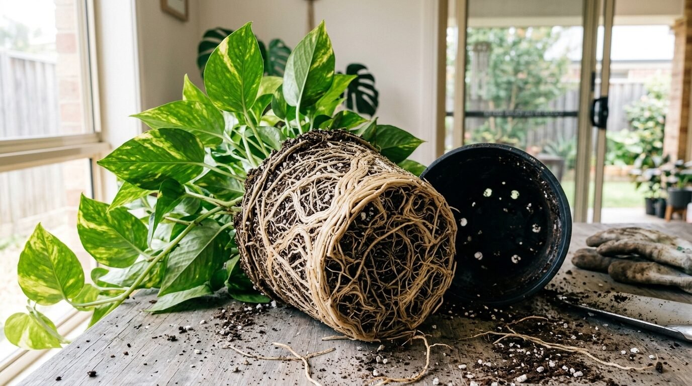 A root-bound pothos lifted from its pot with roots circling the shape