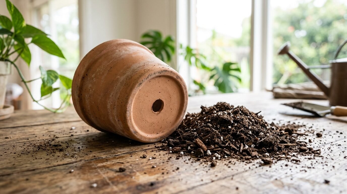 A terracotta pot with drainage holes beside loose potting mix