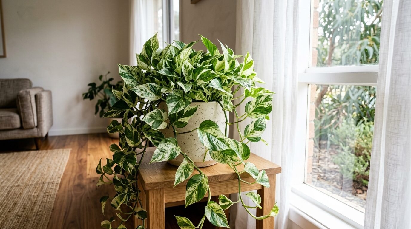 A variegated pothos in bright indirect light beside a window