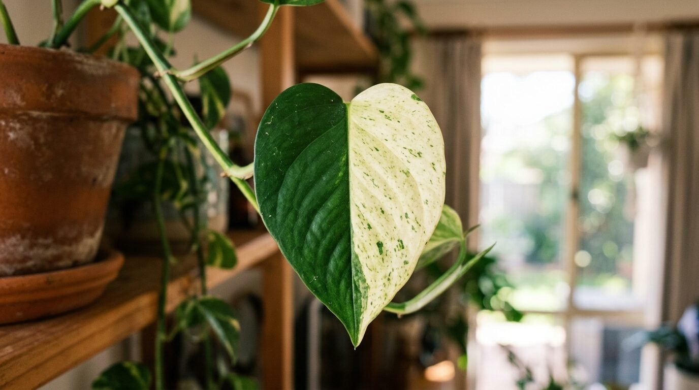 A pothos leaf half variegated and half plain green, reverting to green