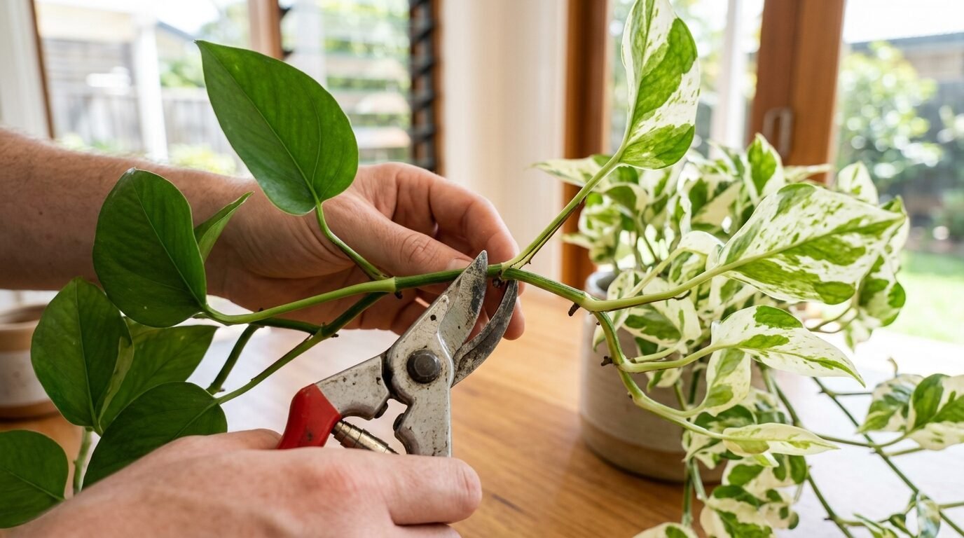 Pruning an all-green pothos vine back to variegated growth with secateurs