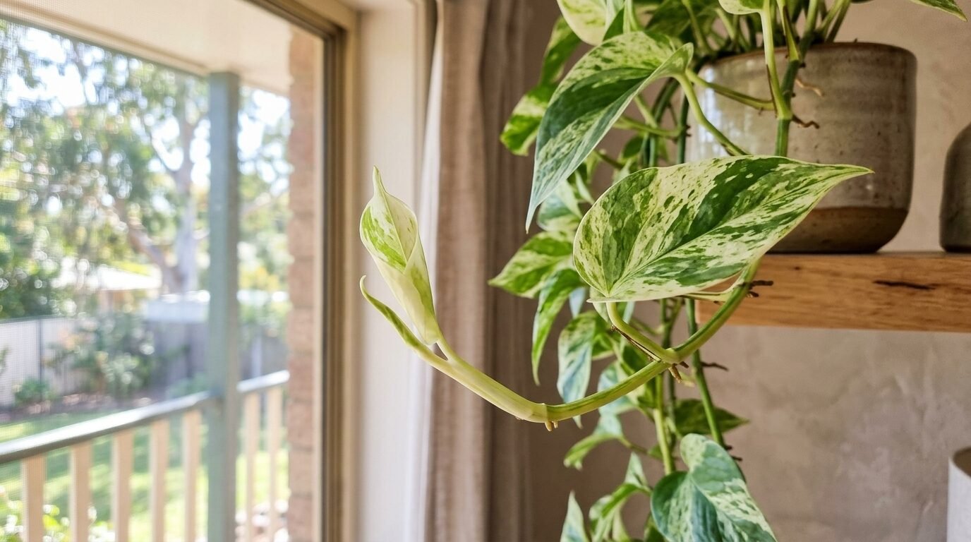 Fresh variegated new pothos leaves unfurling in good light