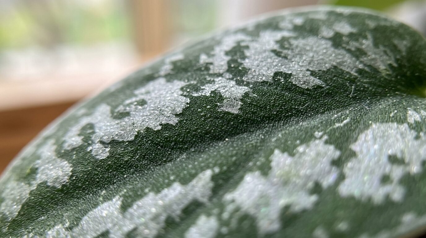 Macro of a matte, silvery Satin Pothos (Scindapsus pictus) leaf