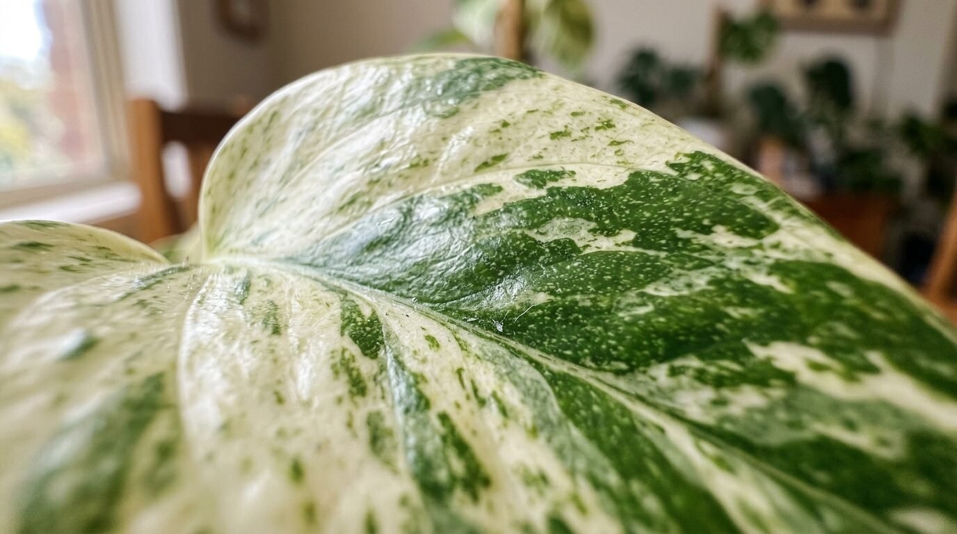 Close-up of a glossy green-and-gold pothos leaf