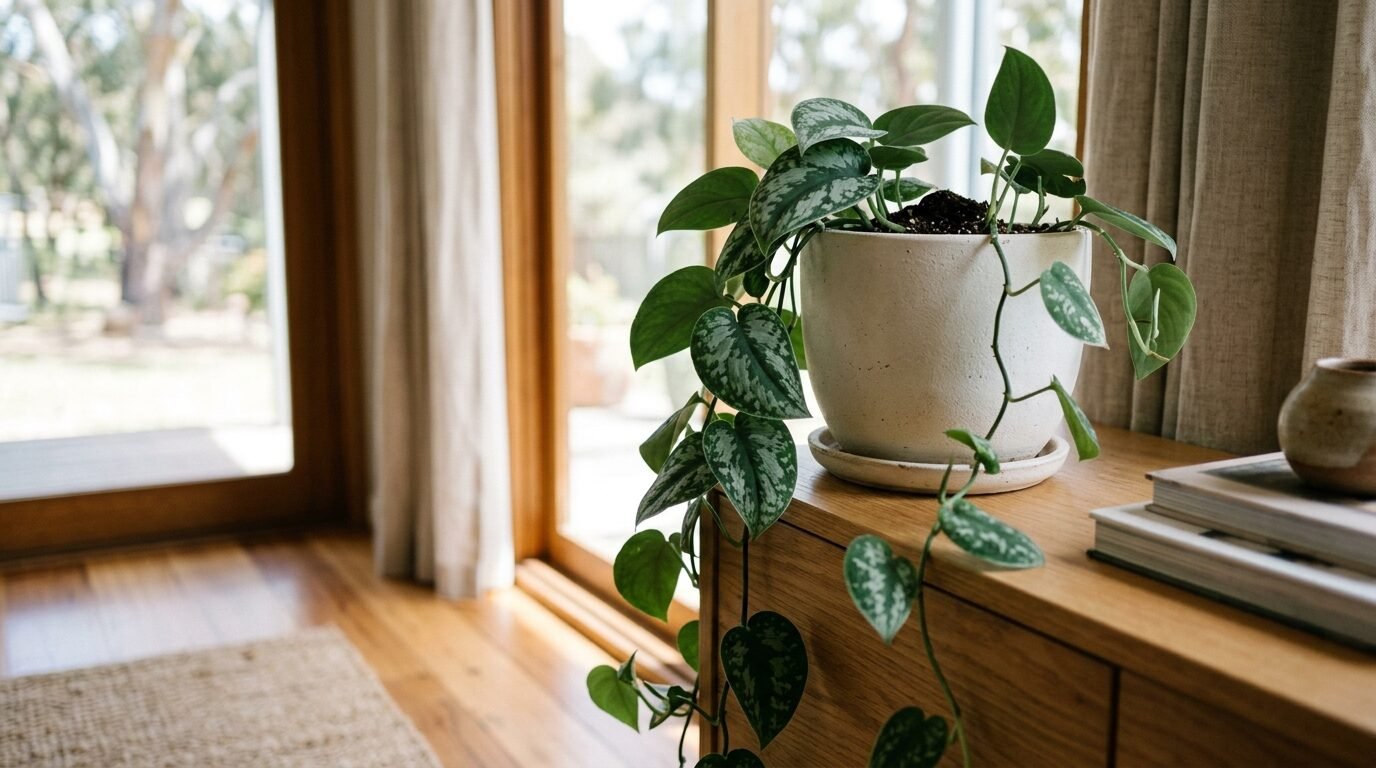 Satin Pothos (Scindapsus) trailing from a ceramic pot indoors