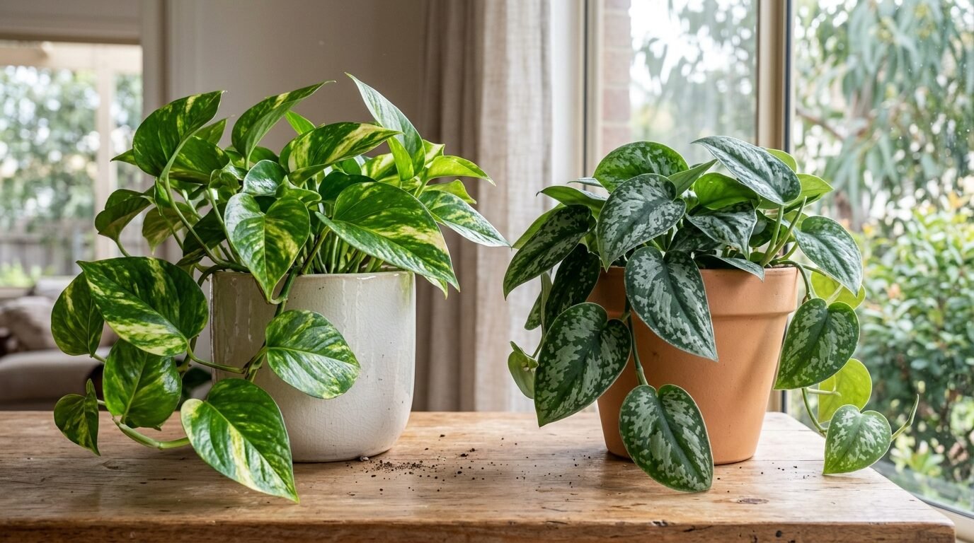 True pothos and Satin Pothos shown side by side to compare the leaf finish