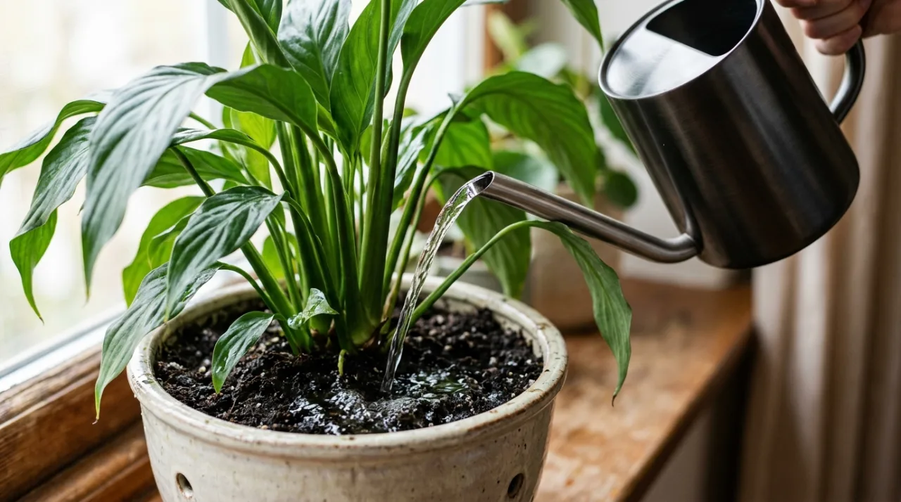 Close-up of a single white peace lily flower (spathe) and glossy dark green leaves