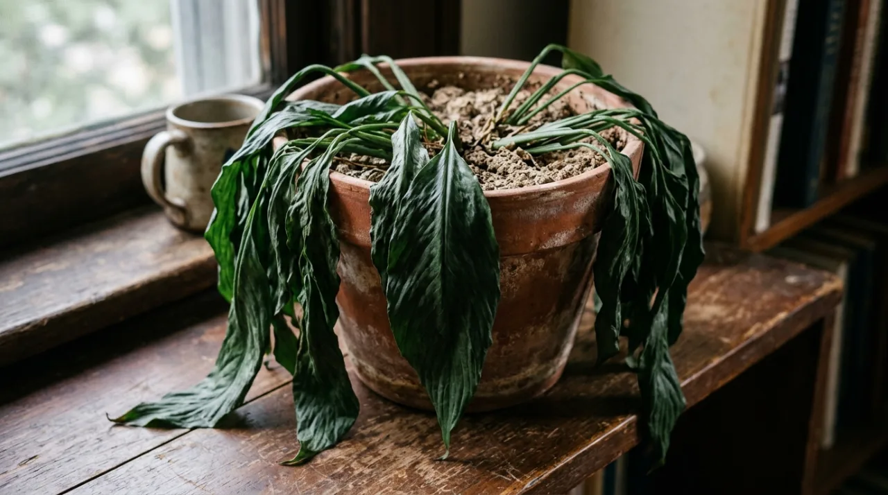 Peace lily with drooping leaves that needs watering