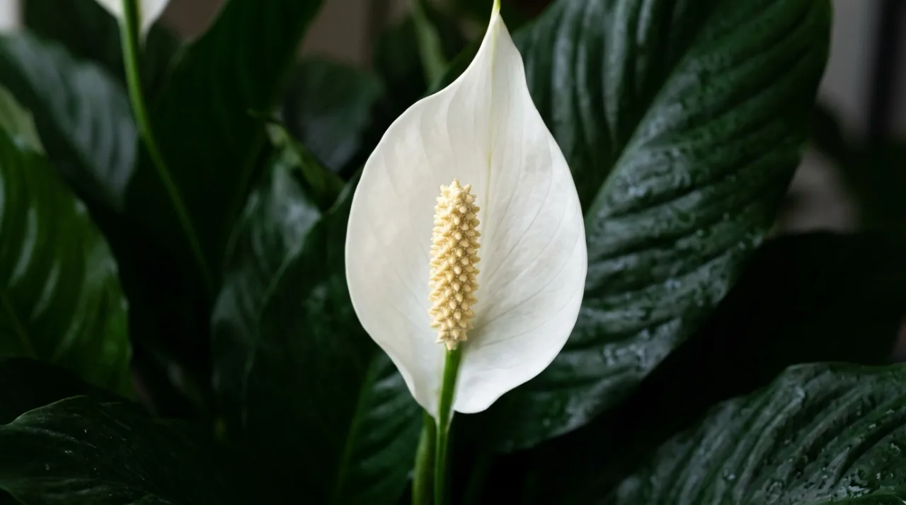 Watering a potted peace lily indoors