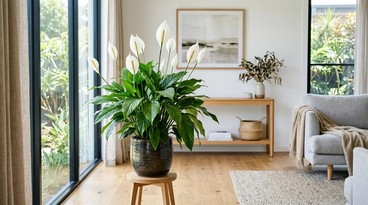 Peace lily on an office desk in soft medium light